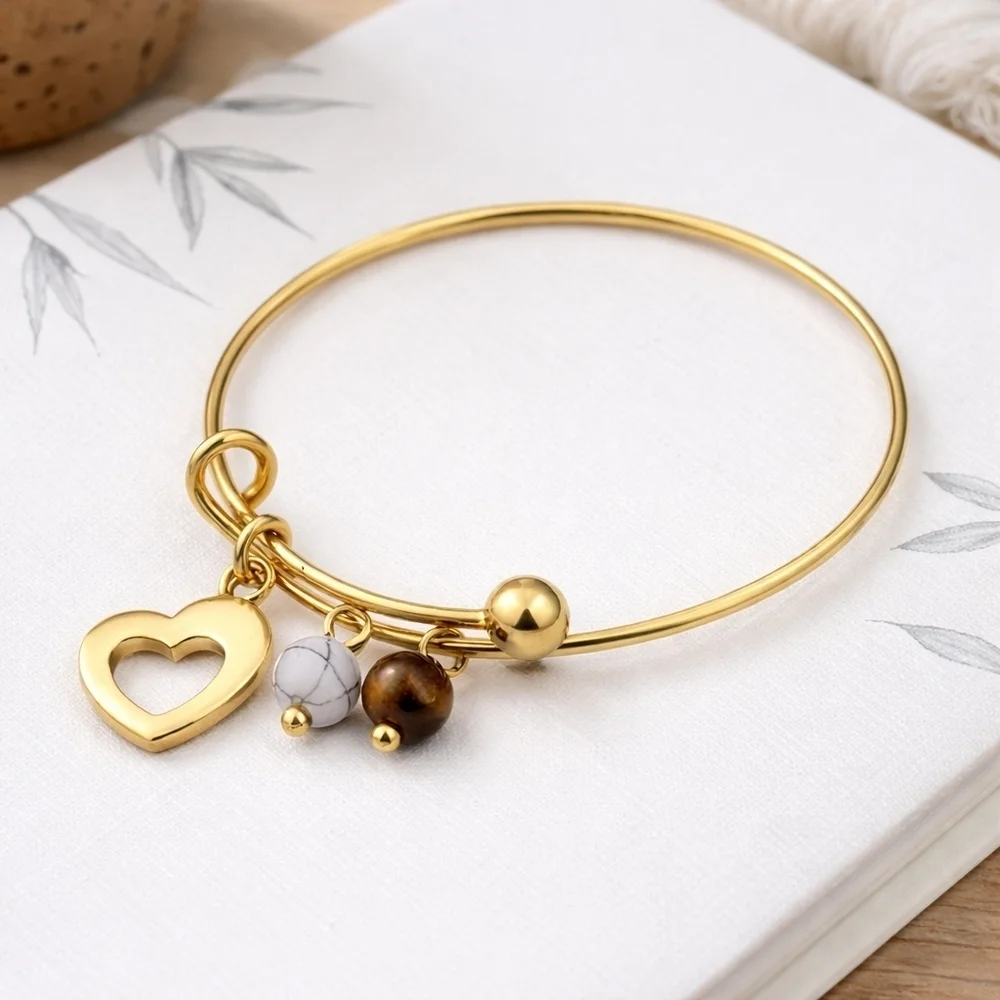 18K Gold Boho Wire Bangle Heart Tiger Eye Magnesite Cottagecore Fairycore Zen